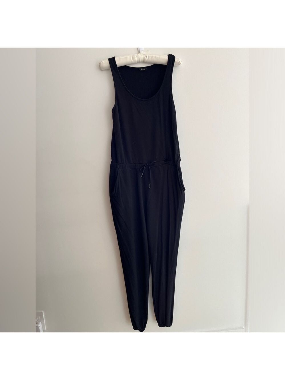 MPG Black Sleeveless Jumpsuit Drawstring Waist Side Pockets Romper Loungewear